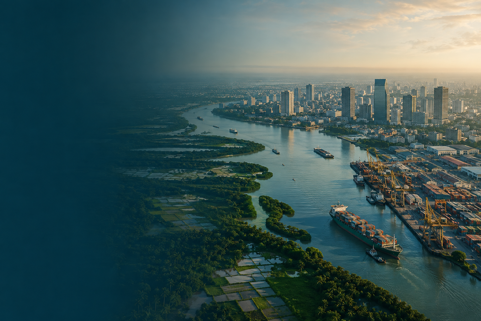 Bangladesh commercial landscape with river logistics, industry and urban development